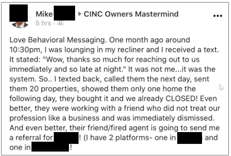 CINC Client Facebook Testimonial about Behavioral Messaging
