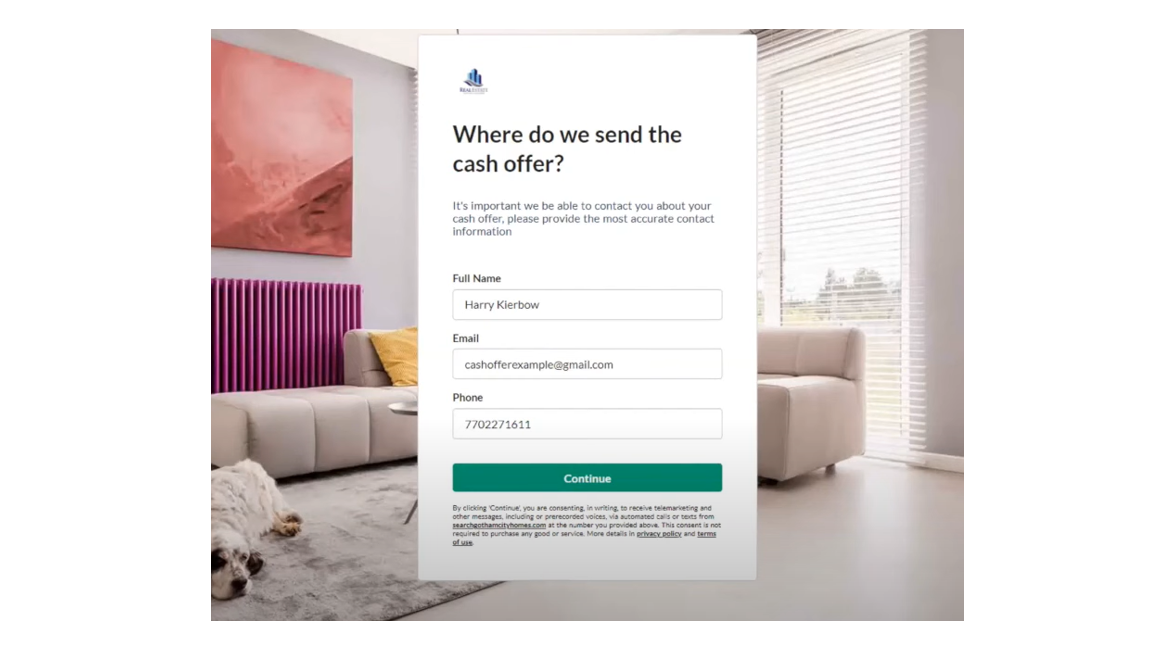 Cash Offer Landing Page Submitting Contact Info