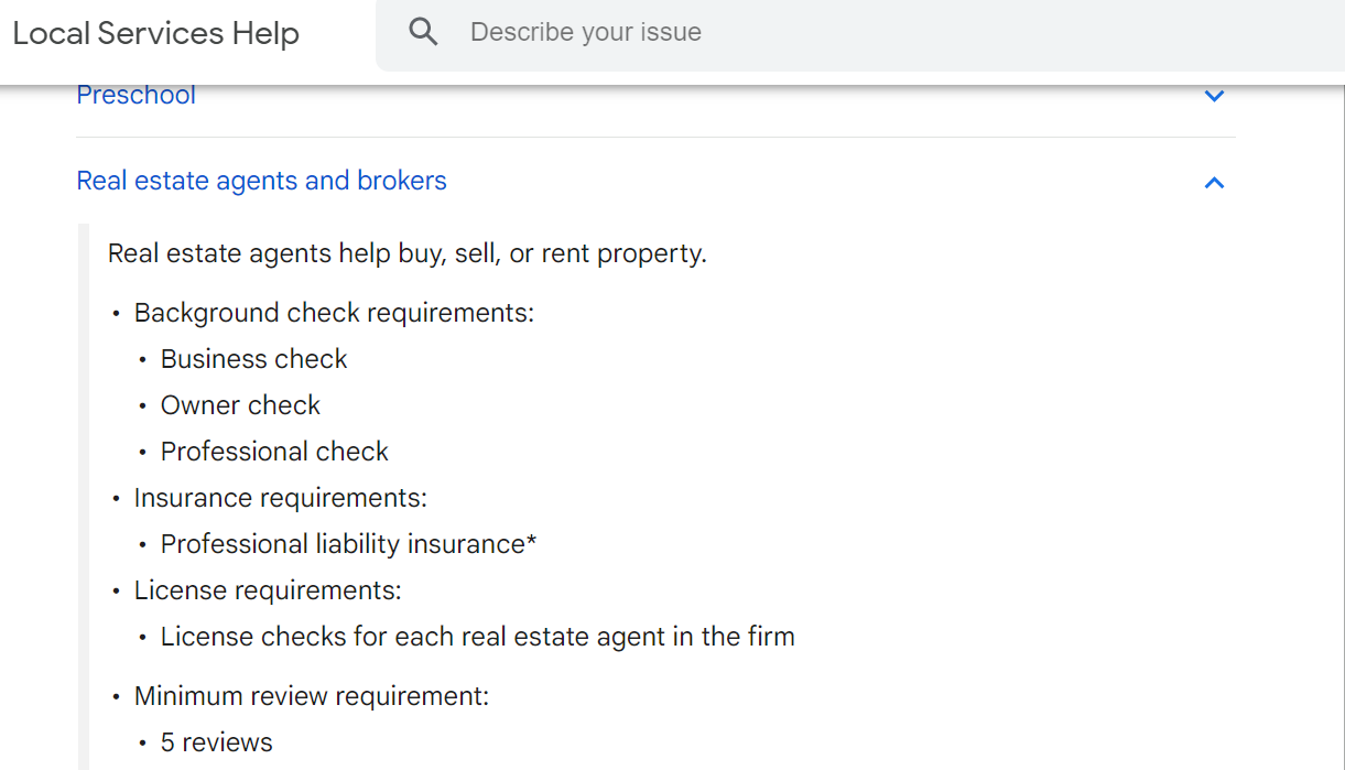 Current Google Local Service Ads Minimum Requirements for Realtors