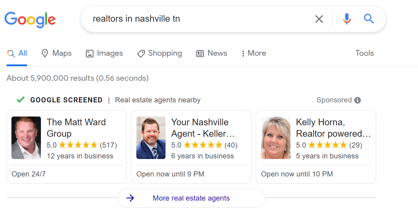 Example of Reviews of Google Local Service Ads for Nashville Search